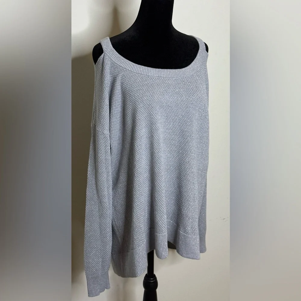 Michael Kors gray silver sparkle peek a boo shoulder split hem sweater XL EUC